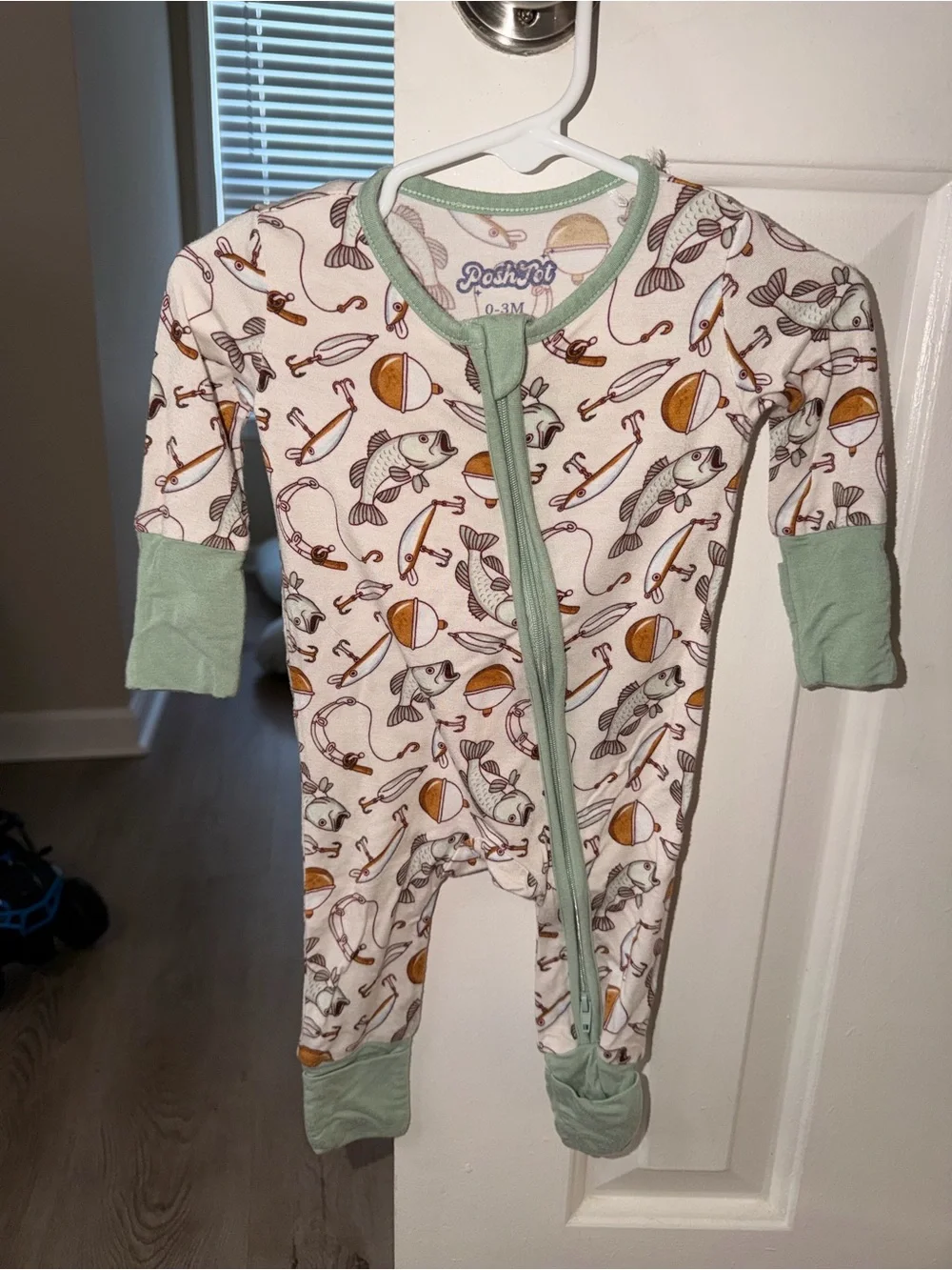 Posh Tot White Fishing Print Footie with Green Trim